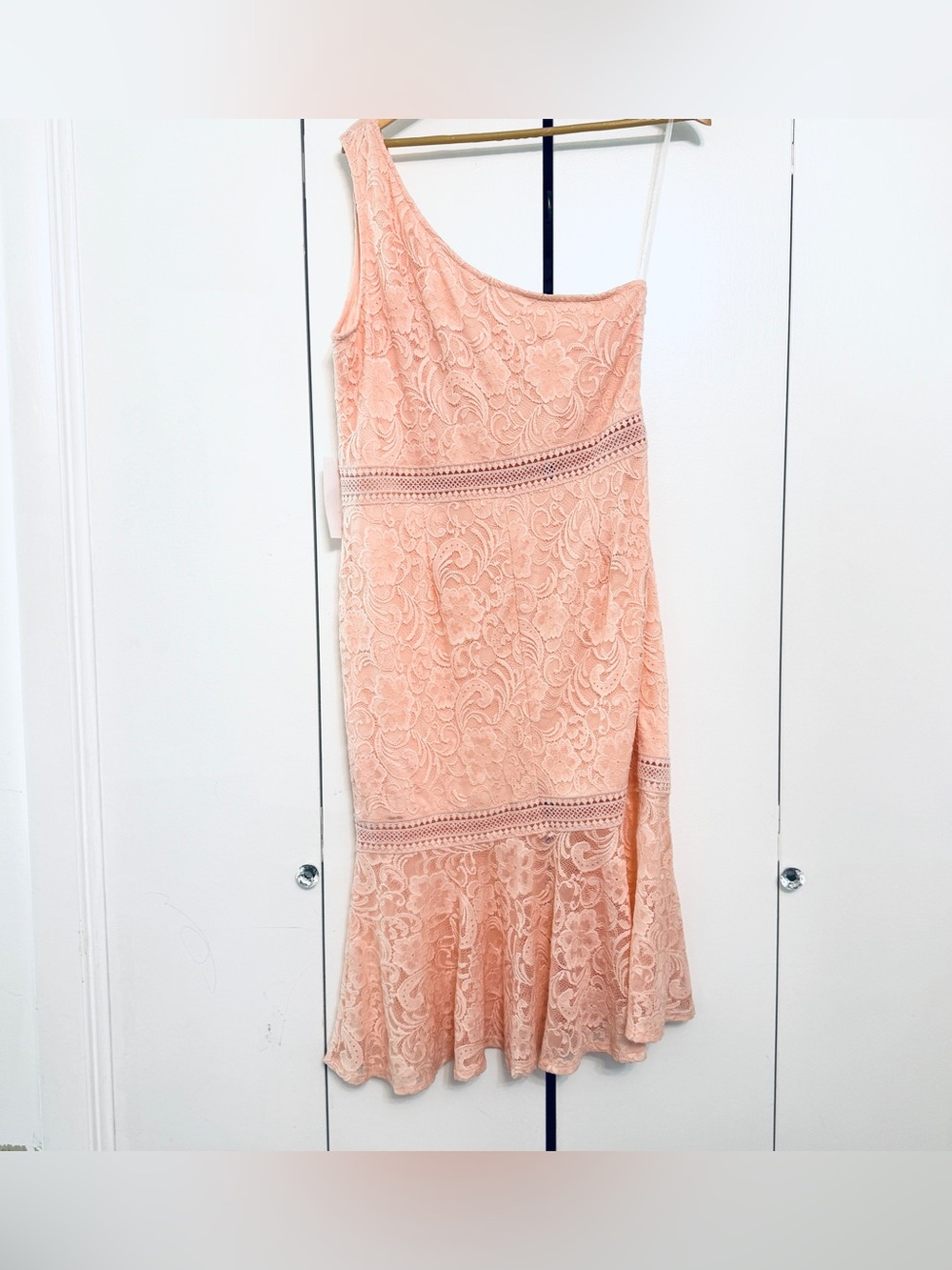 VENUS Lace One Shoulder Midi Dress XL Coral Peach Ruffle Hem Stretch - Picture 2 of 6